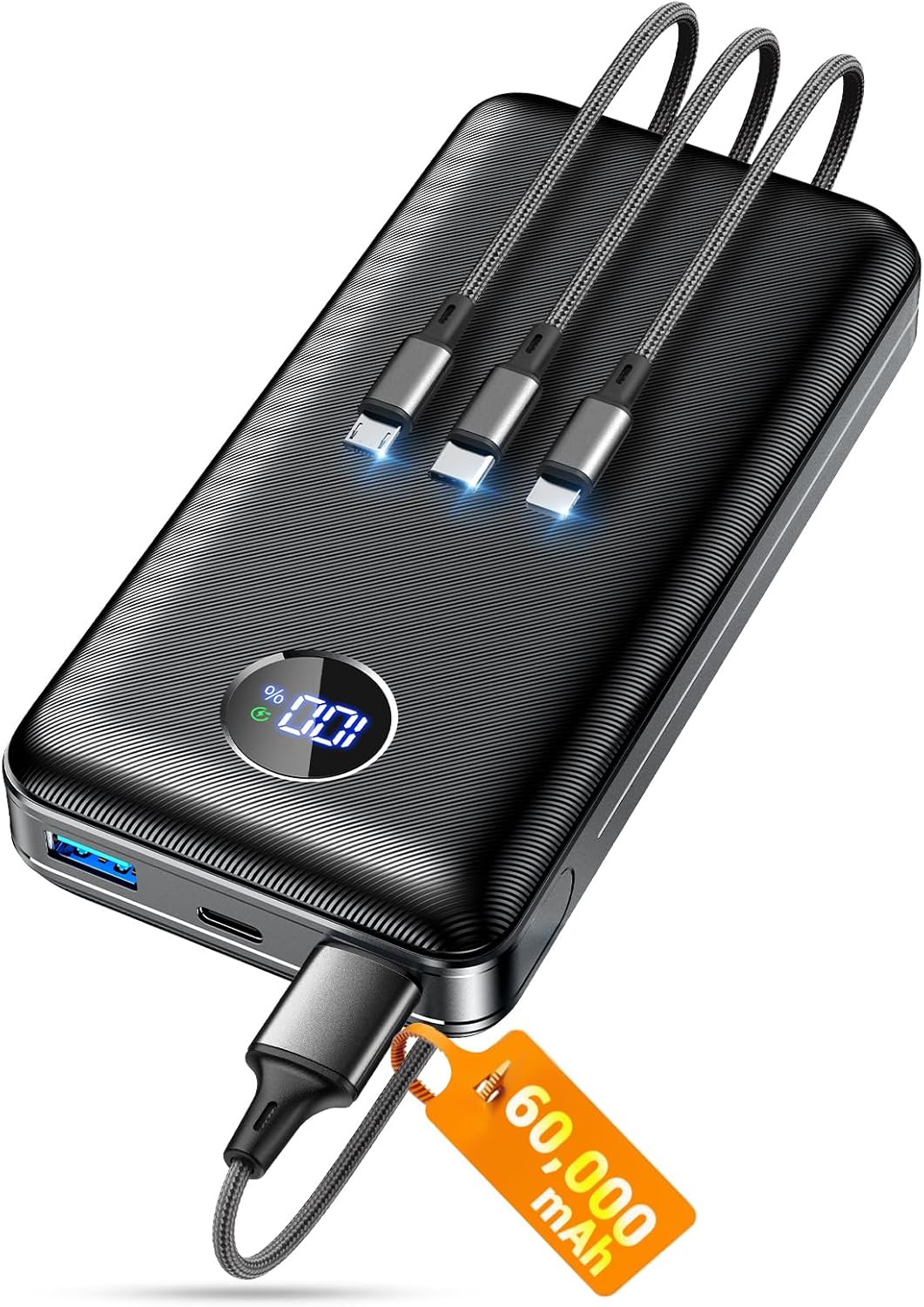 ZZI Portable Charger Power Bank 60000mAh, 22.5W PD Fast-Charge Battery Pack | Charge 5 Devices, 3-Ports & 3 in 1 Cable(USB-C/iOS/Micro-USB), LED Display, for All Cell Phone/Tablets, Camping/Travel/Outage