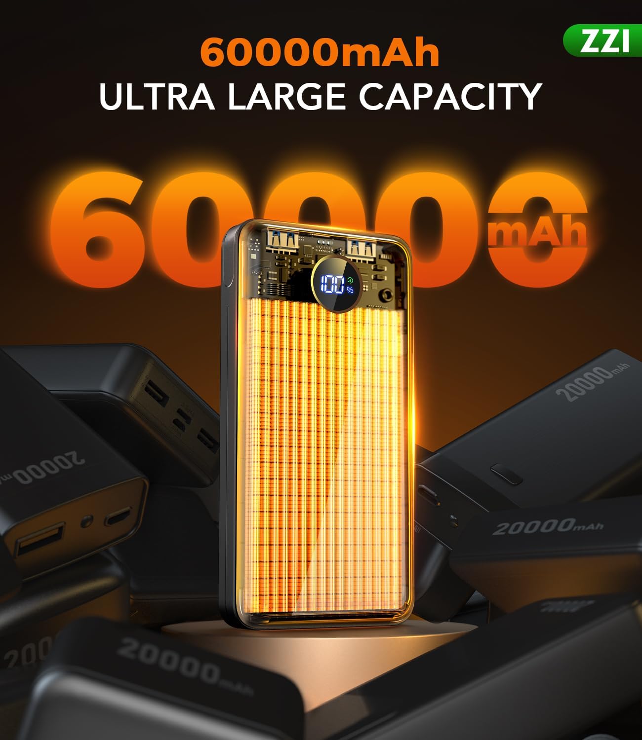 ZZI Portable Charger Power Bank 60000mAh, 22.5W PD Fast-Charge Battery Pack | Charge 5 Devices, 3-Ports & 3 in 1 Cable(USB-C/iOS/Micro-USB), LED Display, for All Cell Phone/Tablets, Camping/Travel/Outage - Image 2