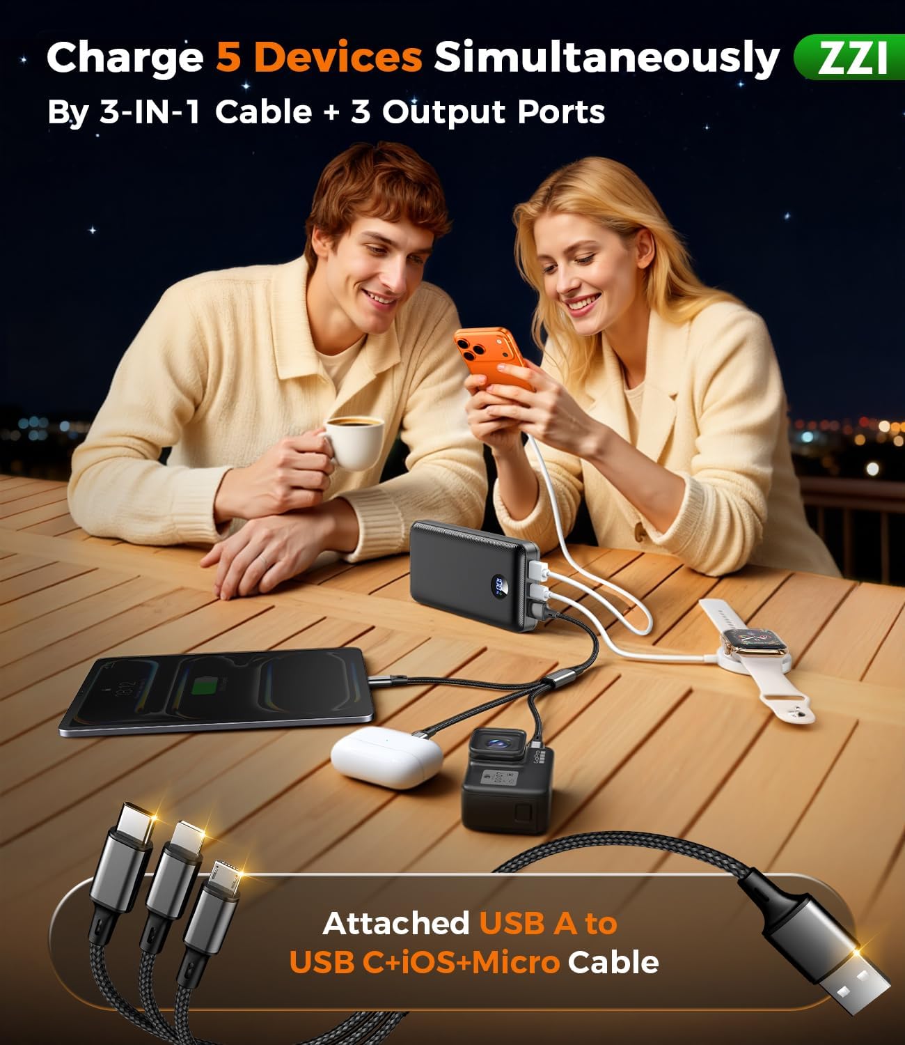 ZZI Portable Charger Power Bank 60000mAh, 22.5W PD Fast-Charge Battery Pack | Charge 5 Devices, 3-Ports & 3 in 1 Cable(USB-C/iOS/Micro-USB), LED Display, for All Cell Phone/Tablets, Camping/Travel/Outage - Image 5